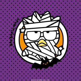 an angry bird with glasses and a bandage in its mouth on a purple polka dot background Badtz Maru Halloween Badtz Maru Halloween, Badtz Maru With Glasses, Badtz Maru Thanksgiving, dark slate blue