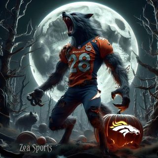 a football player in an orange and blue uniform holding a jack - o'- lantern Broncos Halloween Broncos Pics, Cool Broncos Pictures, Broncos Halloween, dark slate gray