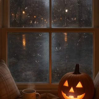 a pumpkin sitting on top of a window sill next to a cup and mug Real Halloween Fall Spooky Aesthetic, Rainy Halloween Aesthetic, Cosy Halloween Aesthetic, dark slate gray