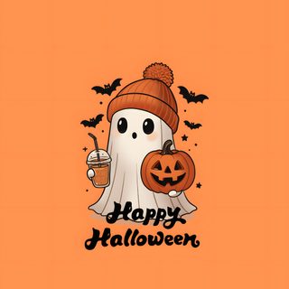 an orange background with a ghost holding a pumpkin and wearing a knitted hat that says happy halloween Happy Halloween Aesthetic coral