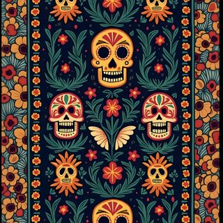 a rug with skulls on it and flowers in the background, as well as an ornate border Mexican Halloween Mexico Texture, Mexico Patterns, Cool Mexican Designs, dark slate gray