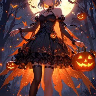 a girl dressed as a witch with pumpkins in her hands Anime Halloween Phone Halloween Kawaii, Halloween Backgrounds, Goth, Anime Halloween, dark slate gray
