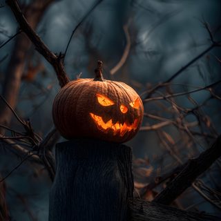 a carved pumpkin sitting on top of a wooden post Halloween 4k Vertical Halloween Dark, Jack O Lantern, Jack O Lantern Iphone, Halloween House, black