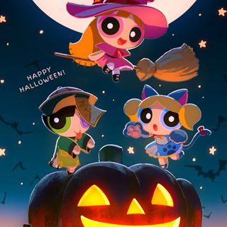 the powerpuff girls halloween poster with pumpkins and jack - o'- lanterns Powerpuff Girls Halloween Halloween Cartoon Network, Powerpuff Girls Fall, Powerpuff Girls Halloween, dark slate gray