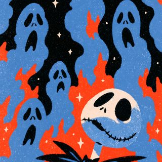 a painting of jack skellingy in front of many ghost heads Halloween Comic dark olive green