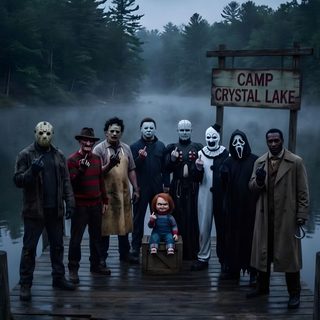 a group of people standing on top of a wooden dock Halloween Horror Friends Horror Movies Funny, Scary, Horror Movie Icons, Horror Artwork, dark slate gray