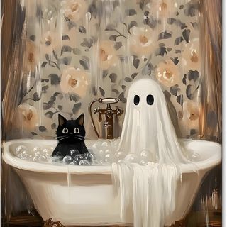 a painting of a black cat in a bathtub with ghost decorations on the wall Halloween Bathroom Ghost And Animal Art, Ghost Art Aesthetic, Cat Wall Art, Cute Cat And Ghost Art, gray