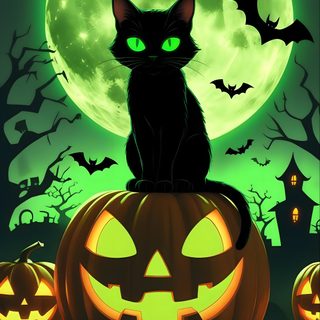 a black cat sitting on top of a pumpkin in front of a full moon with bats Halloween Black Cat Green Halloween Cat Ideas, Halloween Halloween Black Cat, Halloween Black Cat Green, dark slate gray