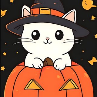a cat wearing a witches hat sitting on top of a pumpkin Anime Cat Halloween Cute Cat Halloween Cartoon, Kawaii Cute Halloween Cat, Cute Cat Halloween, dark slate gray