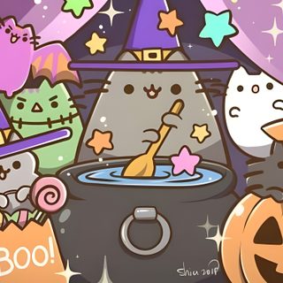an animated halloween scene with cats and pumpkins Desktop Pusheen Halloween Cute Halloween Card Inspiration, Cute Halloween Cartoon Scene, Cute Spooky Characters, gray