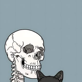 a black and white cat sitting next to a skeleton Kitty Skeleton Halloween Cats Skeleton And Dog, Cats And Skeletons, Grey And White Cat, dark gray