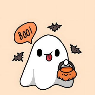 a cartoon ghost eating a donut with an orange speech bubble above it that says boo Halloween Booo Background Halloween Aesthetic, Background Aesthetic Halloween, For Halloween, bisque