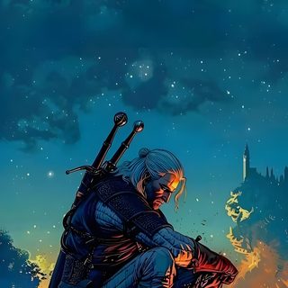 a man sitting on top of a pile of rocks next to a fire filled field Witcher Geralt Halloween Witcher 3 Phone, The Witcher 3 Phone, The Witcher Phone, dark slate gray