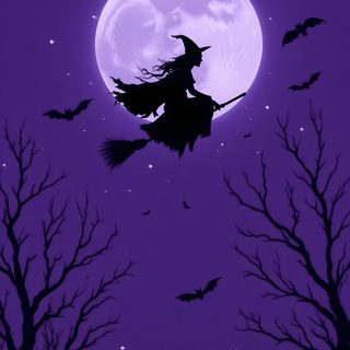 a witch flying in front of a full moon with bats on the tree branches and trees Halloween Purple Purple Halloween, Purple Halloween Aesthetic, Male Witch, Witch Art, Halloween, indigo