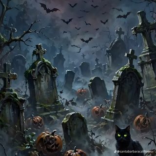 a black cat sitting in the middle of a cemetery with bats and tombstones on it Halloween Graveyard dark slate gray