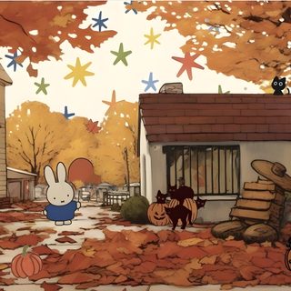 an animated scene with rabbits and pumpkins on the ground in front of a house Cartoon Halloween Desktop High Resolution Pc, Fall Laptop, Fall Desktop Background, sienna