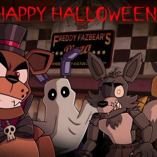 an animated halloween scene with three cartoon characters and the words happy halloween written in red Halloween Fnaf Fnaf Halloween, Freddy 3, Fnaf Oc, Fnaf 1, Fnaf, Party World, dark slate gray