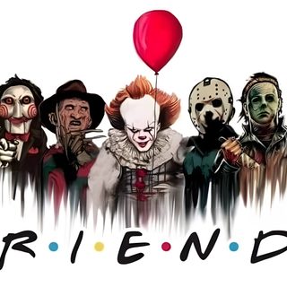 a group of clowns with the words friends painted on them and a red balloon Halloween Horror Friends Friends Horror, All Horror Movie Characters Together, Horror Movie Friends, white smoke