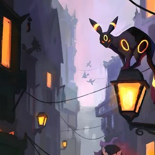 a cat sitting on top of a lamp post in the middle of a city at night Umbreon Halloween 1920x1080 Umbreon Light, Cool Pokemon Pc, Black City Pokemon, dark slate gray