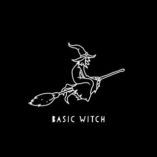 a black and white image of a witch on a broom with the words basic witch Basic Witch Halloween Dark Side, black