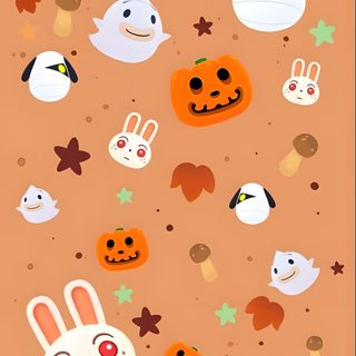 an orange background with many different pumpkins and bunnies on the bottom, one is white Acnh Halloween Acnh Fall, Animal Crossing Fall Background, Nintendo Halloween, sandy brown