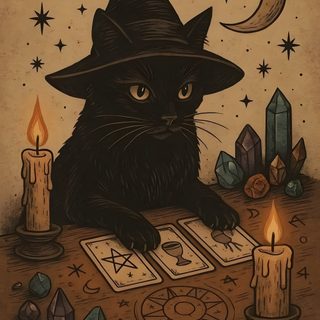 a black cat sitting on top of a table next to candles and tarot cards Vintage Halloween Cat Witchy Cat Art, Black Cat And Witch, Disegno Schizzi, Black Cat Tarot Art, saddle brown