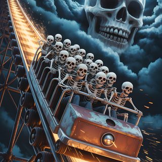 there are many skeletons riding on a roller coaster in the sky with clouds behind them Halloween Roller Coaster Demon Roller Coaster, Skeleton Roller Coaster Meme, Ghost Rider Roller Coaster, dark slate gray