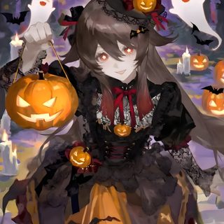 a girl dressed up as a witch with pumpkins Genshin Impact Halloween dark olive green