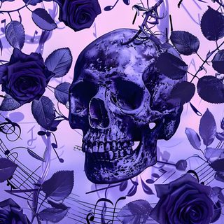 a skull surrounded by purple roses and music notes Halloween Skull Purple Custom Dark Floral Design, Gothic Themed Party Inspiration, Halloween Decoration Ideas, dark slate blue