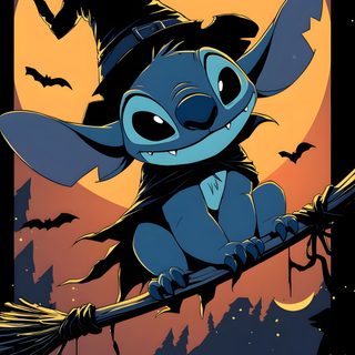 a cartoon character sitting on top of a broom Aesthetic Halloween Stitch Htc, Disney Dudes, Stitch Movie, Image Halloween, dark slate gray