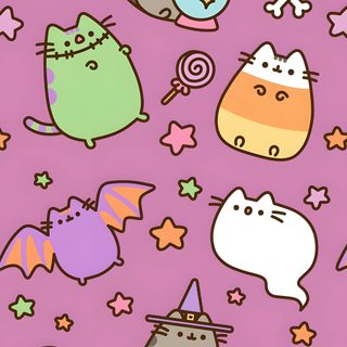 a purple background with cats and skulls on it Halloween Kawaii Kawaii Cute Halloween Cat, Pushers Halloween, Pusheen Halloween Background, pale violet red