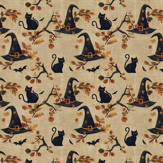 a pattern with black cats and witches hats Halloween Fabric Cat Bones Witch And October, Halloween Tablescape, Witchy, Iphone Pictures, dark khaki