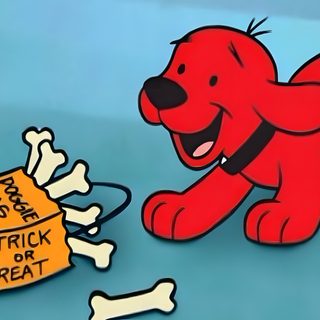a cartoon dog with bones and bones on the ground next to a trick or treat box Clifford Halloween Clifford Puppy Days Characters, Clifford Halloween, Clifford The Big Red Dog Aesthetic, cadet blue