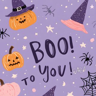 a purple background with pumpkins and witches on it, the words boo to you Boho Halloween On Light Purple Halloween, dark gray