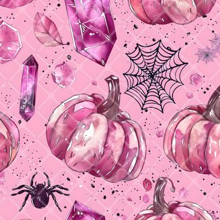 watercolor halloween seamless pattern with pumpkins, spider and crystals on pink background Pink And Purple Halloween Pink Glitter Spider Web Pattern, Pink Witch Background, Pink Halloween Spider Web Design,