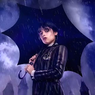 a woman standing in the rain holding an umbrella Wednesday Halloween Image Mercredi Addams, Wednesday Gif, Wednesday Addams Screensaver, midnight blue