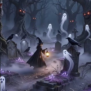 a halloween scene with tombstones, ghostes and lights in the dark forest at night Halloween Spooky Halloween Ghost Halloween Theme Background, Spooky, Cute Halloween Images, dark slate gray