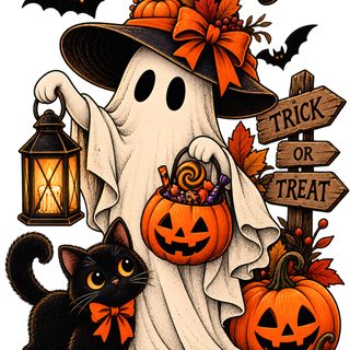 a drawing of a halloween scene with pumpkins, jack - o'- lanterns and a cat Halloween Clipart dark salmon