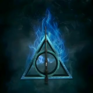 the deathly hallows symbol is shown in front of a dark background with blue flames Harry Potter Halloween Harry Potter 3d, 3d Harry Potter, Harry Potter Animated, black