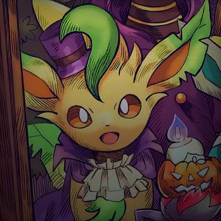 an image of a cartoon character with pumpkins Leafeon Halloween Leafeon Halloween, Cool Pokemon Pfp, Cute Pfp Pokemon, Leafeon Pfp, dark slate gray