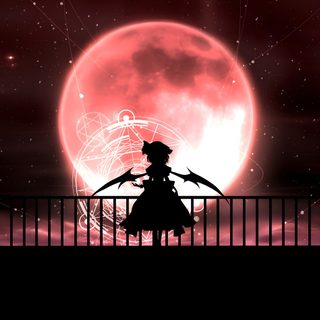 a person standing on a bridge in front of a full moon and red sky with stars Touhou Halloween Touhou Banner Gif, Crimson Moon Gif, Red Moon Gif Anime, Red Moon Gif Banner, black