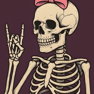 a skeleton with a pink bow on its head and hand in the shape of a peace sign Cute Halloween Skeleton Cute Skeleton, Cute Skeleton Pfp, Cute Halloween Skeleton, dark slate gray