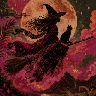 a painting of a witch flying on a broom with a cat sitting on it's back Vintage Halloween Witch maroon