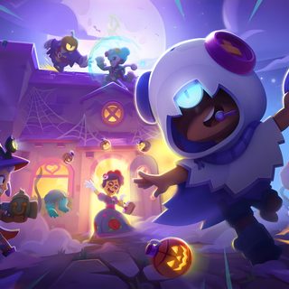 an animated halloween scene with pumpkins and witches Brawl Stars Halloween Brawl Stars Splash Art, Leon Brawl Stars Background, Trick Or Treat Leon Brawl Stars, dark slate blue