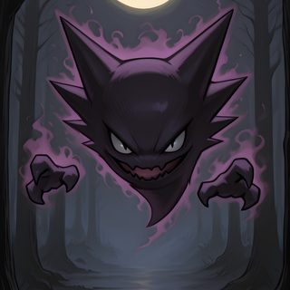 an image of a cartoon cat in the woods with a full moon behind it and fire coming out from its mouth Ghost Pokemon Halloween Gastly Haunter Gengar, Gengar Ghost Pokemon, Pokemon Indigo League, dark slate gray