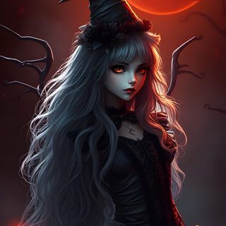 a woman with long hair wearing a black dress and a witch hat standing in front of a full moon Halloween Girl black