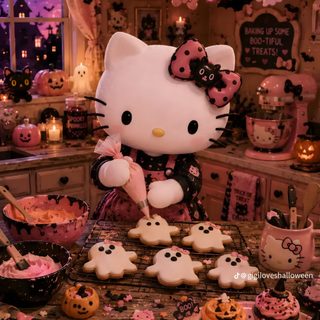 a hello kitty halloween party with cupcakes and cookies Hello Kitty Halloween Aesthetic saddle brown
