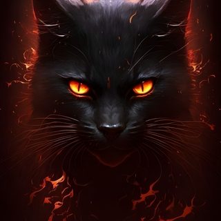 a black cat with orange eyes and flames in the background, looks like it is on fire Halloween Fiery Felines-black Custom Cat With Fire Background, Demon Cat, Cat With Fire Effect,