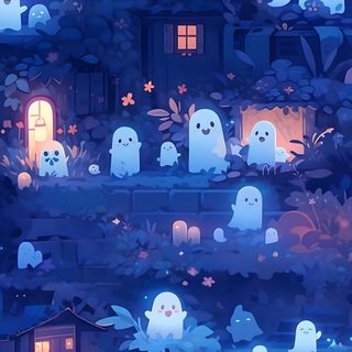 an animated scene with many ghost characters in front of a house and trees at night Blue Cute Halloween Spooky Anime Background, Blue Spooky, Blue Ghost, Halloween Blue,