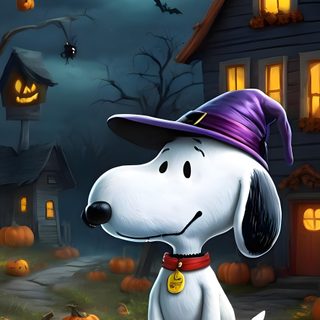 a dog wearing a witches hat sitting on top of a pumpkin in front of a house Peanuts Halloween Happy Halloween Snoopy Halloween, Snoopy Halloween Screensavers, Snoopy Images Halloween, dark slate gray